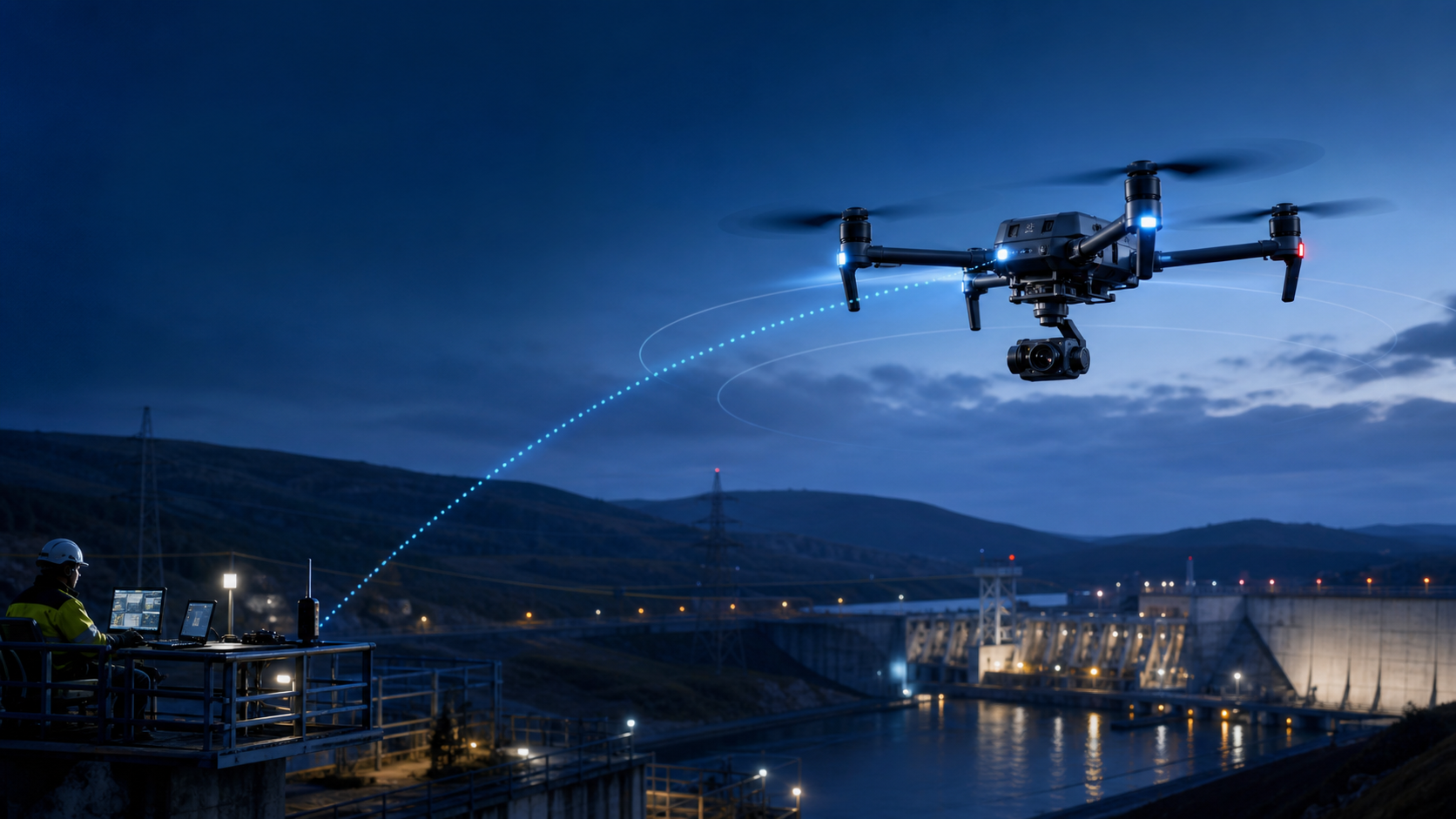 DroneSentinel drone securely monitoring critical infrastructure