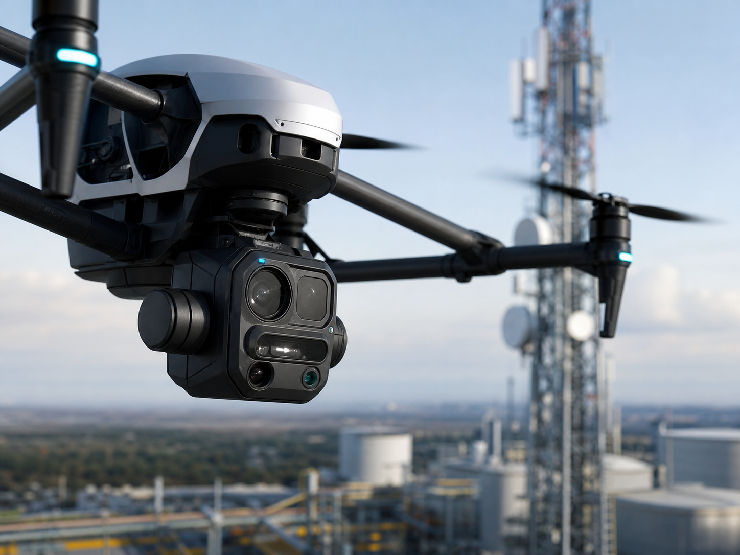 Close-up of a secure drone camera and sensor payload